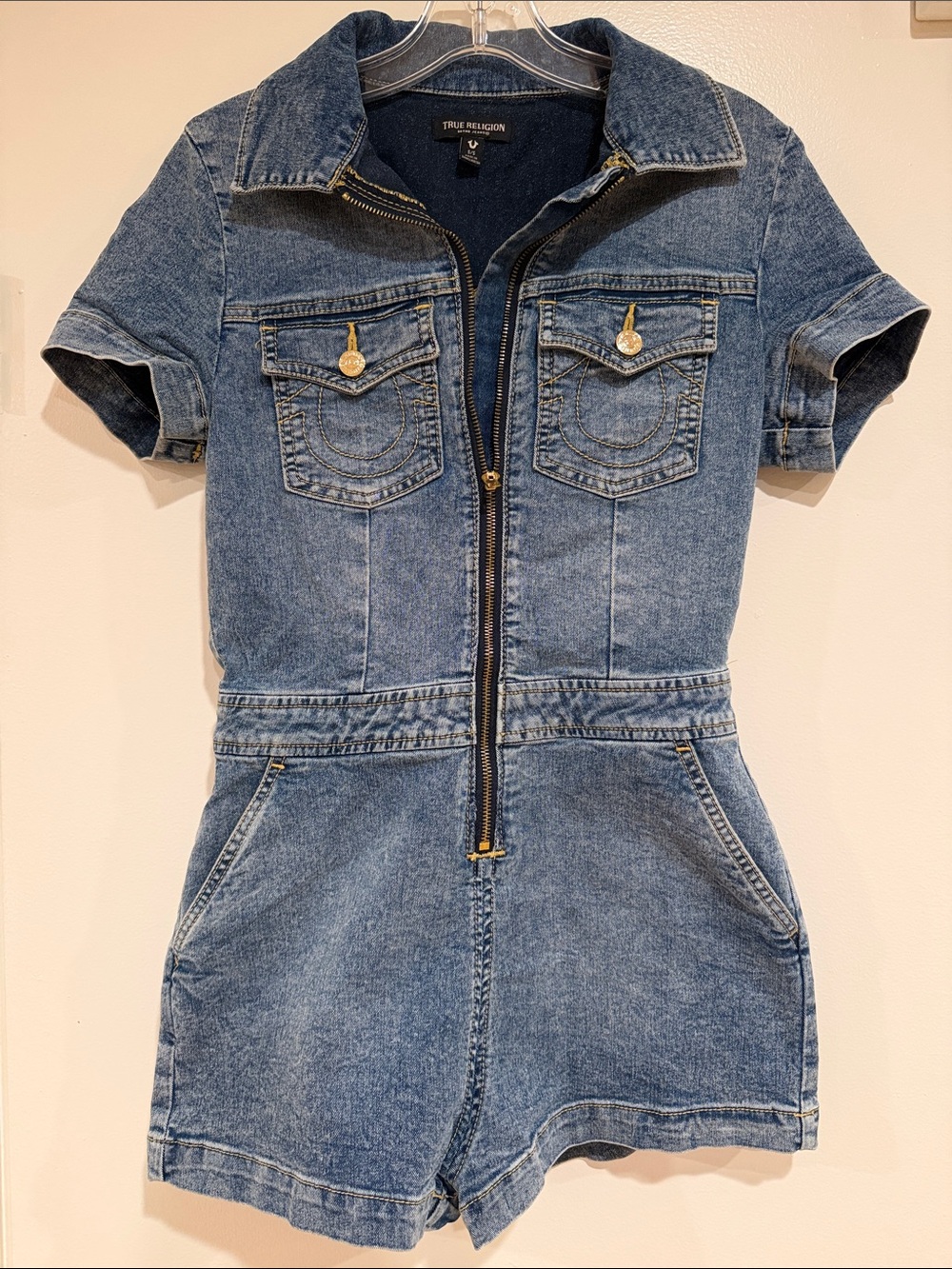 True Religion Denim Zip-Front Short Romper in Blue